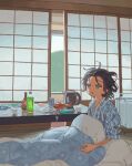  1boy ahoge black_hair blank_eyes blanket blue_eyes blue_kimono bottle can day dot_nose from_side full_body highres indoors japanese_clothes kimono looking_ahead male_focus messy_hair muji_(uimss) open_mouth original print_kimono ryokan shouji sidelocks sliding_doors solo table tatami teapot under_covers window yukata 