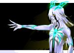  1boy arrancar aura black_wings bleach border colored_sclera colored_skin feathered_wings fire from_side glowing glowing_horns glowing_markings highres horns korean_commentary male_focus n_(nauki_11) outstretched_hand ulquiorra_cifer upper_body white_border white_hair white_skin wings yellow_sclera 