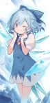 1girl asakura_maru blue_bow blue_dress blue_eyes blue_hair bow cirno closed_mouth detached_wings dress fairy feet_out_of_frame hair_bow highres ice ice_wings one_eye_closed puffy_short_sleeves puffy_sleeves shirt short_hair short_sleeves smile solo touhou white_shirt wings 