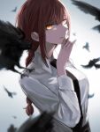  1girl bird black_bird black_necktie braid chainsaw_man collared_shirt feathers hair_between_eyes highres long_hair long_sleeves looking_at_viewer makima_(chainsaw_man) man015s necktie parted_lips redhead ringed_eyes shirt simple_background single_braid solo upper_body white_shirt yellow_eyes 