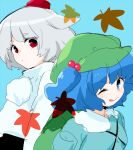  2girls ;q animal_ears back-to-back backpack bad_source bag blue_background blue_eyes blue_hair blunt_bangs closed_mouth dot_nose flat_cap frilled_shirt_collar frills from_side green_bag green_headwear grey_hair hair_bobbles hair_ornament hat high_collar inubashiri_momiji kawashiro_nitori leaf long_sleeves looking_at_viewer looking_to_the_side machiko_(beard) maple_leaf multiple_girls one_eye_closed pom_pom_(clothes) red_eyes red_headwear serious short_eyebrows short_hair sketch smile tareme thick_eyebrows tokin_hat tongue tongue_out touhou two_side_up upper_body v-shaped_eyebrows wing_collar wolf_ears 
