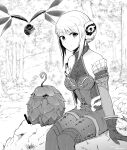  1girl absurdres arciela_v_adoulin blurry blurry_background bonnet closed_mouth commentary_request dated fern final_fantasy final_fantasy_xi forest grey_hair greyscale highres leafkin monochrome nature ntapopo plant rock sitting sitting_on_object sleeveless solo split_mouth twitter_username 