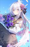  1girl angel_wings azusa_(blue_archive) blue_archive blue_sky blurry bouquet bow commentary_request depth_of_field feathered_wings flower hair_between_eyes hair_bow hair_flower hair_ornament hair_ribbon halo highres holding holding_bouquet long_hair long_sleeves looking_at_viewer myusha outdoors purple_hair ribbon school_uniform serafuku sidelocks simple_background sky solo white_hair white_wings wings 