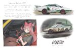  agnes_digital_(umamusume) animal_ears balladeluce black_shirt blue_eyes bow brown_hair brown_pants car collared_shirt english_text hair_bow highres horse_ears horse_girl lancia_(brand) lancia_stratos motor_vehicle open_mouth pants race_vehicle racecar rally_car red_bow seatbelt shirt sitting umamusume world_rally_championship 