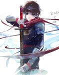  1boy arc_(arc_the_lad) arc_the_lad armor brown_eyes brown_hair closed_mouth headband looking_at_viewer male_focus protected_link save_scene_a scarf short_hair solo sword weapon white_background 