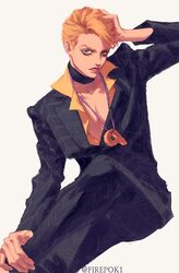  1boy artist_name blonde_hair collared_shirt crossed_legs fingernails firepok formal head_rest highres jewelry jojo_no_kimyou_na_bouken looking_at_viewer magatama magatama_necklace male_focus necklace open_clothes open_shirt prosciutto shirt simple_background sitting solo suit vento_aureo white_background yellow_shirt 