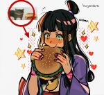  1girl ace_attorney artist_name black_hair blunt_bangs blush brown_eyes burger cat eating food haori heart highres huyandere jacket japanese_clothes kimono long_hair low-tied_long_hair low_tied_sidelocks maya_fey oversized_food oversized_object photo_inset pink_ribbon purple_jacket purple_nails ribbon sidelocks sleeves_past_elbows solo sound_effects_only sparkle sparkling_eyes star_(symbol) topknot upper_body very_long_hair white_kimono wide_sleeves wrist_ribbon 