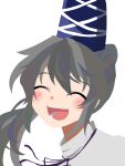  1girl :d blue_headwear blush cel_shading closed_eyes commentary_request grey_hair hat highres long_hair medium_bangs mononobe_no_futo moriya210 neck_ribbon open_mouth ponytail portrait purple_ribbon ribbon simple_background smile solo tate_eboshi teeth touhou white_background 