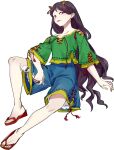  1girl barefoot black_hair blue_shorts chamaruk full_body green_shirt highres horns long_hair nippaku_zanmu oni_horns open_mouth red_eyes sandals shirt short_sleeves shorts simple_background smile solo touhou white_background wide_sleeves 