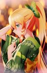 1girl alternate_costume blonde_hair blurry blurry_background bow braid closed_mouth commentary_request fairy_(sao) from_side green_bow green_eyes green_kimono hair_between_eyes hair_bow highres japanese_clothes ken-ji kimono leaf_print leafa long_hair looking_at_viewer looking_to_the_side pointy_ears ponytail print_kimono profile signature smile solo sword_art_online twitter_username upper_body wide_sleeves yukata