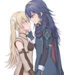  2girls absurdres armor blonde_hair blue_eyes blue_gloves blue_hair blush brown_gloves cape commentary detached_sleeves fingerless_gloves fire_emblem fire_emblem_awakening gloves hand_on_another&#039;s_chin haniwa_(8241427) height_difference highres long_hair looking_at_another lucina_(fire_emblem) multiple_girls official_alternate_hair_color red_eyes severa_(fire_emblem) shoulder_armor tiara twintails white_background yuri 