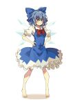  1girl absurdres ahoge barefoot blue_bow blue_dress blue_eyes blue_hair blush bow cirno closed_mouth collared_shirt detached_wings dress fairy full_body hair_between_eyes hair_bow highres ice ice_wings pinafore_dress puffy_short_sleeves puffy_sleeves seika_okawari shirt short_hair short_sleeves simple_background sleeveless sleeveless_dress smile solo touhou white_background white_shirt wings 