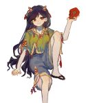  1girl black_hair black_shorts closed_mouth foot_out_of_frame green_shirt highres holding holding_skull horns long_hair nippaku_zanmu oni_horns red_eyes sandals shirt short_sleeves shorts simple_background skull smile solo touhou white_background youshouhaoxianzhe 
