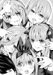  1boy 5girls blush butterfly_hair_ornament close-up closed_mouth finger_counting finger_to_cheek finger_to_mouth go-toubun_no_hanayome greyscale hair_between_eyes hair_ornament hair_ribbon highres jacket long_hair looking_at_viewer monochrome multiple_girls nakano_ichika nakano_itsuki nakano_miku nakano_nino nakano_yotsuba open_mouth quintuplets ribbon sawada_kou short_hair star_(symbol) star_hair_ornament teeth uesugi_fuutarou upper_teeth_only 