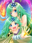  2girls aged_up blue_eyes closed_mouth detached_sleeves earrings final_fantasy final_fantasy_iv fire gomasho_asuka green_hair hair_ornament highres jewelry long_hair looking_at_viewer multiple_girls open_mouth rydia_(ff4) smile 