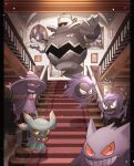  colored_sclera dusknoir gastly gengar ghost highres indoors looking_at_viewer misdreavus mismagius no_humans open_mouth picture_(object) pillarboxed pokemon pokemon_(creature) red_sclera reo_(mmocc123) stairs 