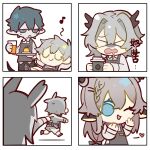  2boys 3girls alina_(arknights) animal_ears apron arknights blue_eyes blue_hair braid chibi closed_eyes closed_mouth cup deer_ears faust_(arknights) food frostnova_(arknights) grey_apron hand_up heart highres holding holding_cup juice long_hair long_sleeves low-tied_long_hair mephisto_(arknights) multiple_boys multiple_girls one_eye_closed open_mouth pale_skin pointy_ears pudding rabbit_ears shirt sidelocks simple_background smile south_ac talulah_(arknights) white_background white_shirt xo 