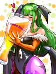  1girl absurdres alcohol animal_print ap_cammy bare_shoulders bat_print beer beer_glass black_leotard black_wings blunt_bangs blush breasts bridal_gauntlets closed_eyes commentary_request covered_navel cup demon_girl drinking elbow_gloves english_text eyelashes feather_trim fingernails gloves green_hair head_wings heart highres holding holding_cup large_breasts leotard long_hair low_wings morrigan_aensland orange_gloves oversized_object pantyhose print_pantyhose purple_pantyhose solo spilling strapless strapless_leotard vampire_(game) wings 