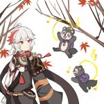  1boy armor autumn_leaves bake-danuki_(genshin_impact) black_kimono closed_mouth genshin_impact japanese_armor japanese_clothes kaedehara_kazuha kimono long_sleeves long_wind looking_at_another male_focus multicolored_hair musical_note ponytail scarf short_hair shoulder_armor simple_background smile sode streaked_hair tassel upper_body white_background white_kimono 