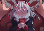  1girl absurdres black_horns black_jacket blush dapeejee demon demon_girl demon_horns demon_tail heart heart-shaped_pupils helltaker highres horns jacket kabedon looking_up modeus_(helltaker) pov pov_hands red_eyes red_sweater sweater symbol-shaped_pupils tail white_hair 