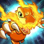  agumon breathing_fire carloromeroart claws digimon digimon_(creature) fire highres looking_at_viewer no_humans open_mouth sharp_teeth solo teeth 