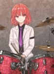  1girl black_shirt blazer closed_mouth collared_shirt drum drumsticks highres holding holding_drumsticks horikawa_raiko instrument jacket kashiwada_kiiho long_sleeves looking_at_viewer necktie open_clothes open_jacket purple_necktie red_eyes redhead shirt short_hair solo touhou white_jacket 