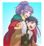  1boy 1girl arc_the_lad black_hair earrings gloves hug hug_from_behind jewelry kukuru_(arc_the_lad) long_hair looking_at_viewer one_eye_closed open_mouth over_wassyoi poco_(arc_the_lad) ponytail purple_hair scarf sleeves_past_wrists smile violet_eyes white_gloves 