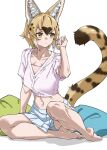  1girl animal_ears bare_legs barefoot blonde_hair blue_skirt brown_hair cat_ears cat_girl cat_tail extra_ears hair_between_eyes highres kemono_friends midriff multicolored_hair navel pillow pleated_skirt polka_dot polka_dot_shirt serval_(ex4)_(kemono_friends) serval_print shirt short_sleeves sidelocks sitting skirt solo tail tanabe_(fueisei) white_shirt yellow_eyes 