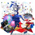  1girl alternate_costume animal_ears bird blue_headwear blue_skirt bottle braid checkered_floor commentary confetti copyright_name english_commentary full_body game_cg hat izayoi_sakuya izayoi_sakuya_(horned_rabbit_silver_juggler) knife looking_at_viewer mini_hat mini_top_hat rabbit_ears rotte_(1109) side_braids skirt solo sword third-party_source top_hat touhou touhou_lost_word twin_braids weapon wrist_cuffs 