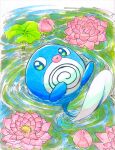  flower full_body highres looking_at_viewer lotus lotus_leaf no_humans pink_flower pokemon pokemon_(creature) poliwag ranklby_19 ripples solo water 