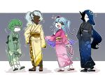  4girls black_kimono blue_hair closed_eyes closed_mouth crown dark-skinned_female dark_skin gloves gradient_kimono green_gloves green_hair green_kimono green_sash japanese_clothes kimono king_of_greed knight_of_despair lobotomy_corporation long_hair long_sleeves looking_at_viewer low-tied_long_hair multiple_girls obi one_eye_closed open_mouth pink_kimono project_moon queen_of_hatred sandals sash servant_of_wrath side_ponytail smile two_side_up very_long_hair wakame_031412 white_hair wide_sleeves wonderlab yellow_kimono yellow_sash 