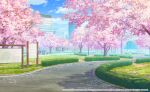  blue_sky cherry_blossoms city clouds cloudy_sky copyright_name english_text grass hedge map no_humans ono_tomohiro original park path plant project_sekai scenery shadow sign sky tree 