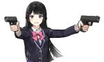  1girl black_hair black_jacket blazer blue_eyes bow bowtie dual_wielding gun holding holding_gun holding_weapon jacket long_hair n_(njsjddd) nijisanji pink_bow pink_bowtie school_uniform shirt simple_background smile solo tsukino_mito virtual_youtuber weapon white_background white_shirt 