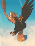  above_clouds animal_focus bird blurry braviary clouds commentary_request day flying grey_eyes highres looking_at_viewer outdoors pokemon pokemon_(creature) ron_(skfa8772) talons 
