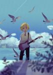  1boy bird black_pants blonde_hair blue_eyes blurry blurry_foreground collared_shirt contrail electric_guitar guitar highres holding holding_guitar holding_instrument instrument long_sleeves male_focus necktie nijisanji open_mouth pants red_necktie seagull shirt short_hair signature skyline solo sweater_vest teeth tn_kn1000 upper_teeth_only uzuki_kou virtual_youtuber white_bird 