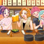  ahoge alcohol beer_mug blush bright_pupils brown_shirt closed_eyes commentary cup drinking_glass drunk earrings frilled_sleeves frills green_hair hagoromo_lala hair_ornament hairclip holding holding_cup hoshina_hikaru hyuuga_saki indoors izakaya jewelry kibou_no_chikara_~otona_precure_&#039;23~ leaning_on_person looking_at_another mishou_mai monster_rally mug natsuki_rin necklace open_mouth orange_eyes orange_hair out_of_frame plate precure purple_hair shirt short_hair shot_glass smile sparkle star_twinkle_precure sweatdrop violet_eyes white_pupils white_shirt x_hair_ornament 