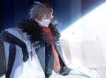  1boy blue_eyes brown_hair closed_mouth coat d00rlife fur-trimmed_coat fur_trim genshin_impact gloves hair_between_eyes highres male_focus mask mask_on_head orange_hair pants profile red_mask scarf solo tartaglia_(genshin_impact) 