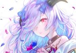  1girl black_horns blue_flower blue_ribbon blue_rose commentary eitr_(fire_emblem) falling_petals fire_emblem fire_emblem_heroes floating_hair flower goat_horns hair_over_one_eye hair_ribbon holding holding_flower horns light_purple_hair long_hair looking_at_viewer one_eye_covered parted_lips petals pink_eyes purple_flower purple_rose ribbon rose solo t_misaomaru 