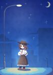  1girl absurdres blush book bow brown_eyes brown_hair brown_necktie brown_skirt building clouds collared_shirt commentary crescent_moon frilled_skirt frills hand_on_own_hip hat highres holding holding_book lamppost long_skirt long_sleeves medium_hair moon nama_udon necktie night night_sky open_book outdoors plaid plaid_skirt road shirt shirt_tucked_in shoes short_hair skirt sky solo standing star_(sky) tie_clip touhou usami_renko white_bow white_shirt 