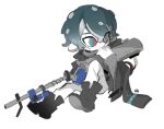  1boy arknights black_footwear black_jacket blue_eyes blue_hair boots faust_(arknights) grey_sweater highres holding holding_weapon jacket long_sleeves looking_to_the_side octoling octoling_boy pants red_pupils simple_background south_ac splatoon_(series) sweater tentacle_hair weapon white_background white_pants 