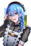  1girl absurdres black_gloves black_headwear blue_eyes blue_hair border bow braid collared_shirt commentary earrings fingerless_gloves flat_chest frills glasses gloves hair_ornament hair_over_shoulder hairclip hand_up hat hat_bow highres hololive hoshimachi_suisei hoshimachi_suisei_(6th_costume) jewelry long_hair looking_at_viewer maid open_mouth outside_border see-through see-through_shirt shirt short_sleeves smile solo star_(symbol) star_in_eye symbol-only_commentary symbol_in_eye teeth upper_body virtual_youtuber white_border yaki_cheese 