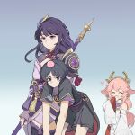  1boy 2girls :3 ^_^ black_hair bright_pupils carrying closed_eyes detached_sleeves genshin_impact hand_to_own_mouth head_bump highres holding holding_polearm holding_weapon japanese_clothes kimono long_wind looking_ahead multiple_girls obi pink_hair polearm purple_hair purple_kimono purple_nails raiden_shogun sash scaramouche_(genshin_impact) scaramouche_(kabukimono)_(genshin_impact) short_hair short_sleeves simple_background sleeves_past_wrists tassel violet_eyes weapon white_kimono white_pupils wide_sleeves yae_miko 