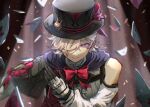  1boy bow bowtie card closed_mouth confetti detached_sleeves eh_neg00 facial_mark genshin_impact gloves grey_hair hair_over_one_eye hat highres korean_commentary looking_at_viewer lyney_(genshin_impact) male_focus playing_card red_bow red_bowtie solo spotlight teardrop_facial_mark top_hat twitter_username upper_body violet_eyes 