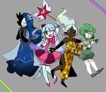  4girls arm_up black_gloves blue_hair bow bowtie dress elbow_gloves floating_hair full_body gauntlets gloves green_eyes green_footwear green_hair green_shirt green_shorts grey_background holding holding_wand king_of_greed knight_of_despair lobotomy_corporation long_hair multiple_girls one_eye_closed open_mouth pink_bow pink_bowtie pink_dress pink_footwear project_moon queen_of_hatred servant_of_wrath shirt shoes shorts simple_background single_gauntlet strapless strapless_dress thigh-highs two_side_up very_long_hair wakame_031412 wand white_hair white_thighhighs wonderlab yellow_dress 
