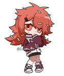  1girl chibi flaky_(happy_tree_friends) happy_tree_friends jacket letterman_jacket long_hair personification purple_footwear purple_sleeves red_eyes redhead shoes sidelocks simple_background sneakers solo south_ac standing white_background white_jacket 