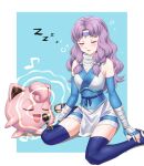  1girl arm_warmers bare_shoulders blue_gloves closed_eyes facing_viewer fingerless_gloves fire_emblem fire_emblem:_the_blazing_blade fire_emblem_heroes florina_(fire_emblem) florina_(ninja)_(fire_emblem) gloves highres igni_tion jigglypuff long_hair microphone music musical_note open_mouth pokemon pokemon_(creature) purple_hair singing sleeping sleeping_upright zzz 