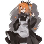  1girl a.i._voice adachi_rei apron black_dress black_hairband dress hairband hand_up headlamp heart highres index_finger_raised long_sleeves looking_at_viewer matsuka medium_hair orange_eyes orange_hair puffy_long_sleeves puffy_sleeves radio_antenna side_ponytail simple_background solo utau white_apron white_background 