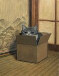  acrylic_paint_(medium) animal_focus box cardboard_box cat highres in_box in_container indoors karin_hosono no_humans original painting_(medium) shouji sliding_doors smug tatami traditional_media 