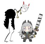  1girl arknights bandages black_coat black_gloves black_pants black_vest blue_necktie chibi coat crossover e.g.o_(project_moon) gloves grey_eyes grey_hair head_wings holding holding_sword holding_weapon irene_(arknights) judgement_bird lobotomy_corporation long_hair long_sleeves necktie pants project_moon sidelocks simple_background solo south_ac sword very_long_hair vest weapon white_background wings 