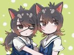  2girls animal_ears australian_devil_(kemono_friends) black_eyes bow bowtie cat_ears cat_girl extra_ears eyepatch green_background highres kanmoku-san kemono_friends long_hair multicolored_hair multiple_girls redhead sailor_collar school_uniform short_hair simple_background tasmanian_devil_(kemono_friends) two-tone_hair 